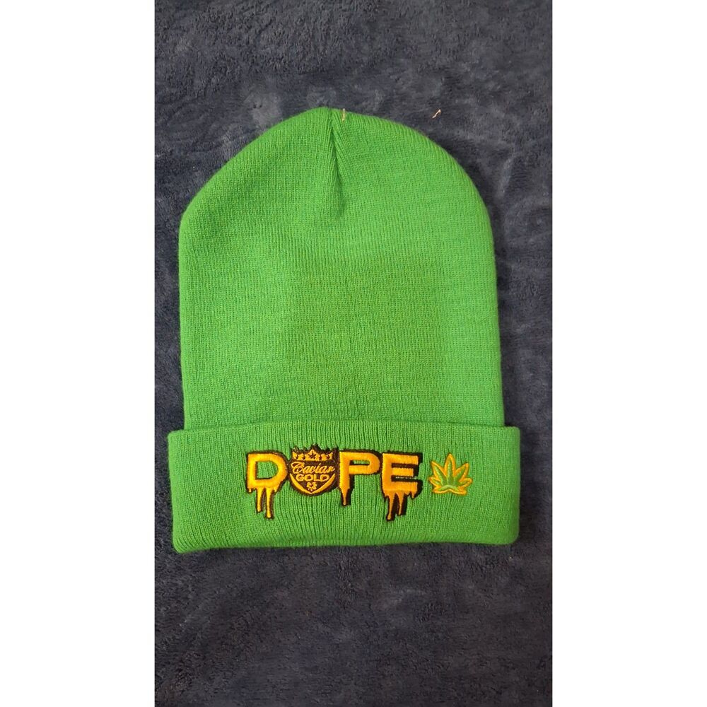Caviar Gold DOPE Green Cuffed Beanie Embroidered Knit Hat
